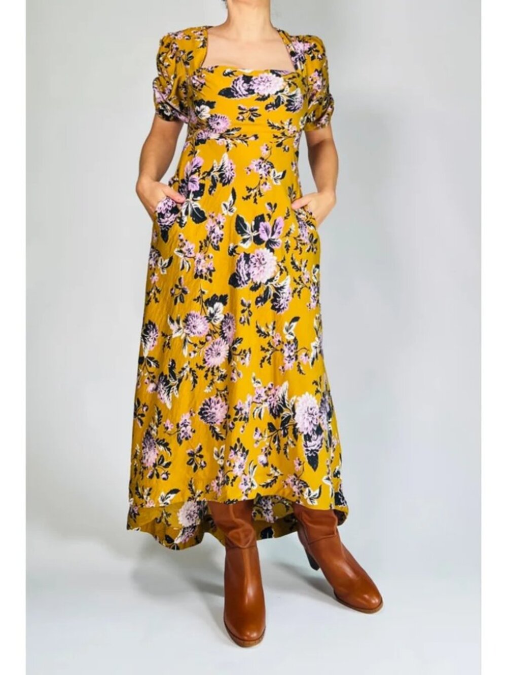 Maeve Anthropology Dress Floral Print high low Dress Mustard black pink NWT